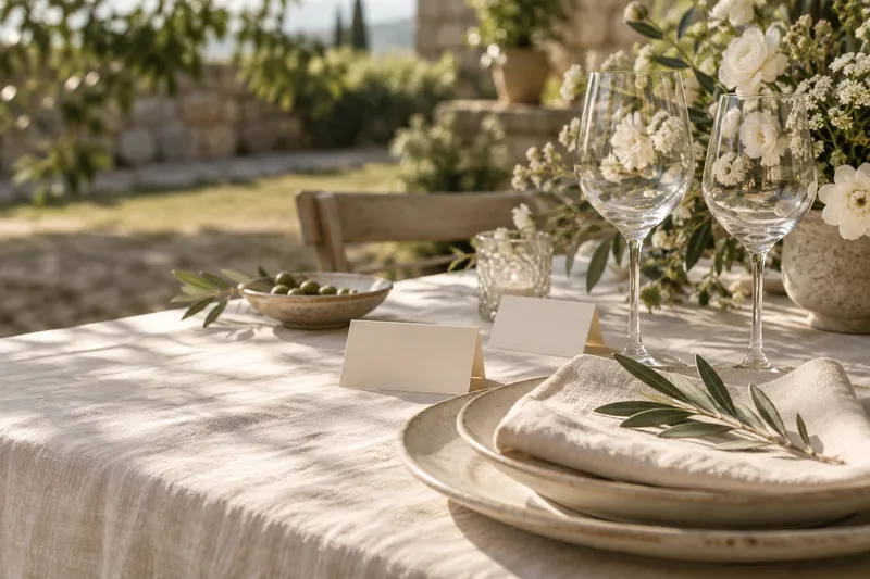 Festlich gedeckte Hochzeitstafel mit Blumen, Gläsern und Platzkarten im hellen Raum