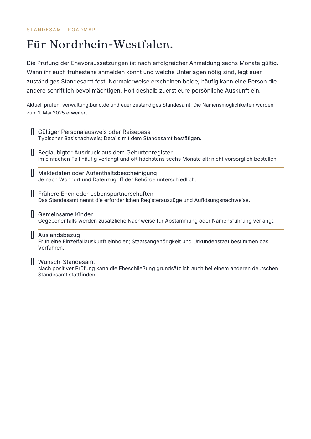 Echte Beispielseite der Heimliebe Standesamt-Roadmap für Nordrhein-Westfalen